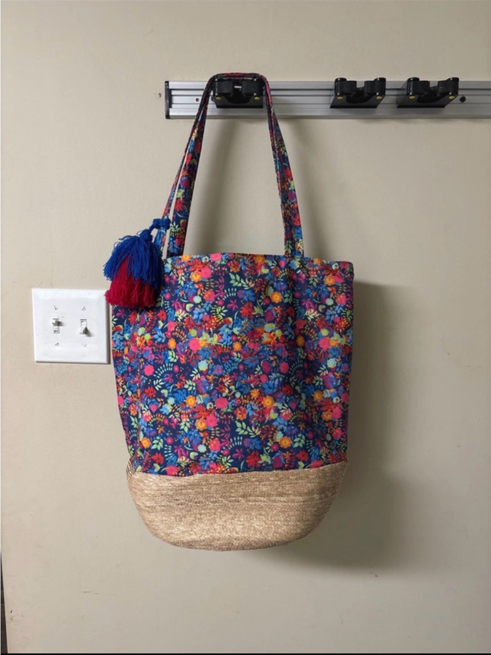 Floral Navy Tote Bag with Straw Base